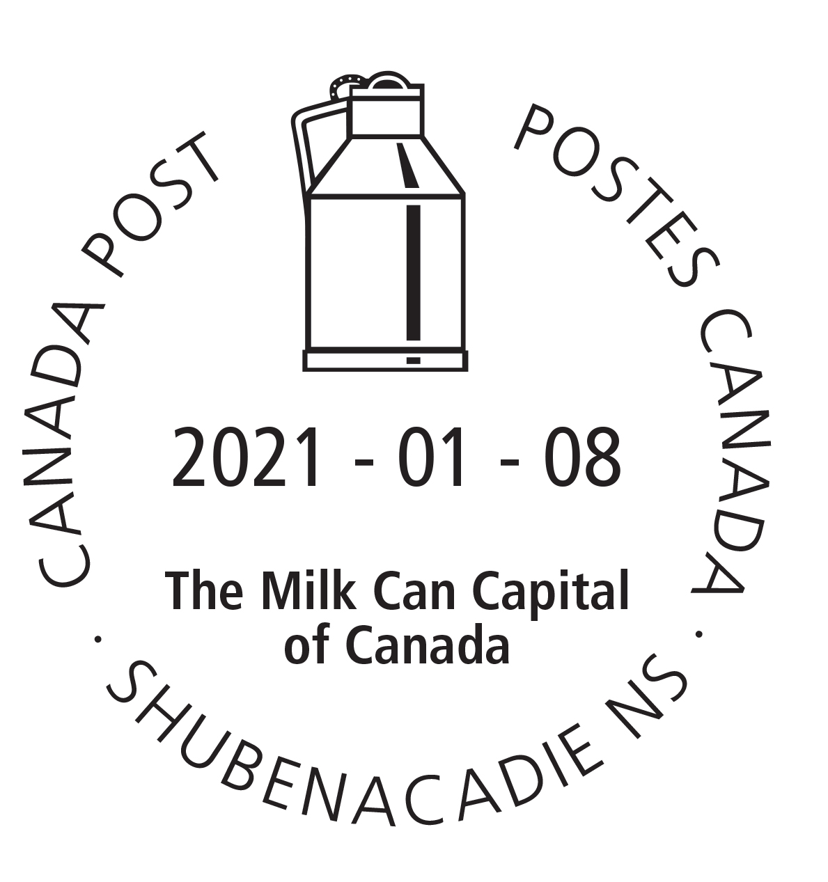 Bidon à lait en métal et devise locale The Milk Can Capital of Canada, avec la date 8 janvier 2021.